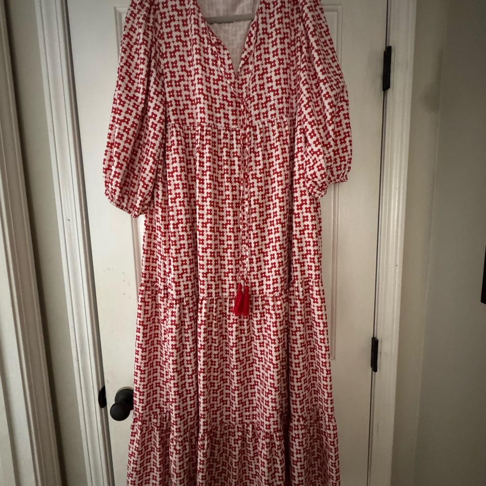 Cezele Red and White Elbow Sleeve MAXI Tiered Dress, Women’s Large